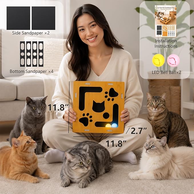 NEW Cat Nail File Enrichment Box, Scratch Puzzle with Sandpaper Surface, Stress-Free Nail Care Alternative, Interactive Maze Scratcher with Bell Ball for Indoor Cats