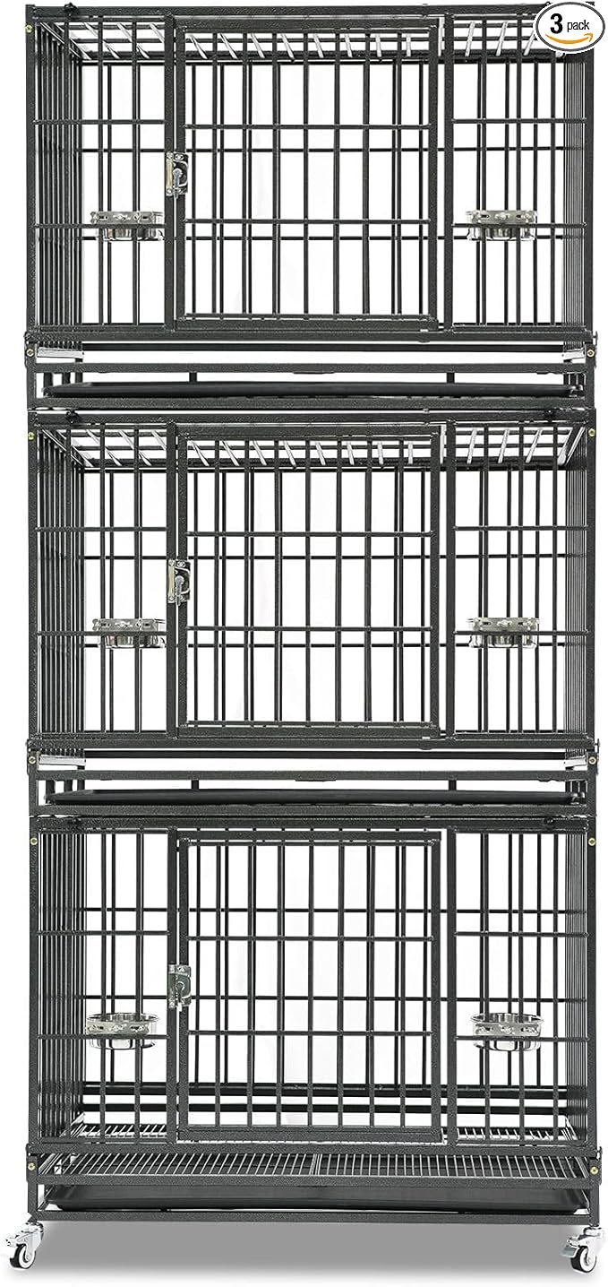 Homey Pet Three Tiers 37 Inch Dog Crate, Escape Proof Dog Cage Kennel Indoor with Top Access and Lockable Wheels, Removable Tray, Heavy Duty Dog Crates for Medium/Small Dogs