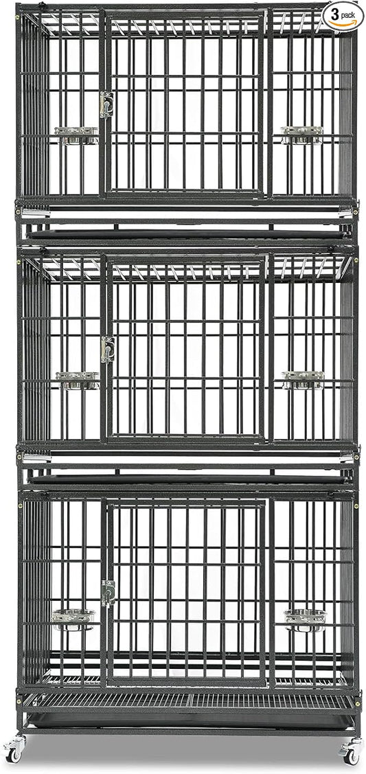 Homey Pet Three Tiers 37 Inch Dog Crate, Escape Proof Dog Cage Kennel Indoor with Top Access and Lockable Wheels, Removable Tray, Heavy Duty Dog Crates for Medium/Small Dogs