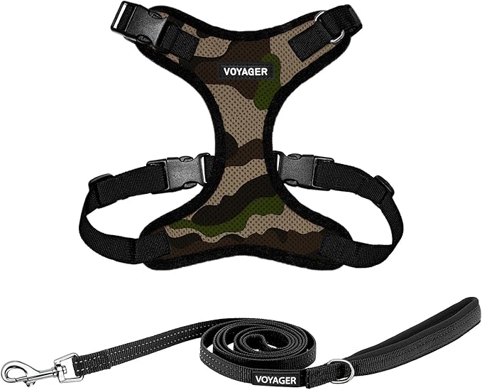 Best Pet Supplies Voyager Step-in Lock Pet Harness w Reflective Pet Leash Combo Set with Neoprene Handle 5ft - Supports Small, Medium and Large Breed Puppies/Cats - Army/Black Trim Set, L