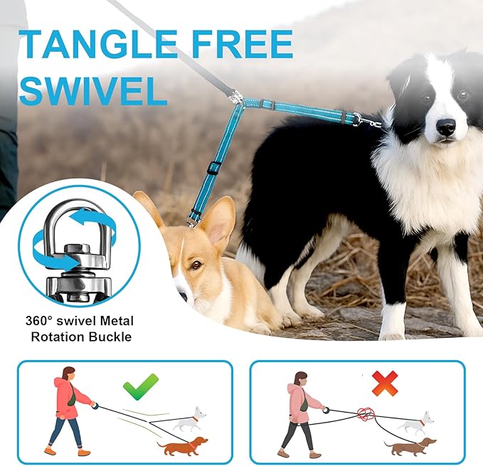 MingXpet Double Dog Leash for Two Dogs, No Pull Dog Leash, 360° Swivel No Tangle for Small Dogs Walking & Training, Shock Absorbing Reflective Bungee, Blue