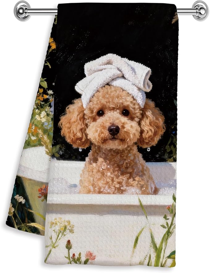 Funny Poodle Hand Towels for Bathroom Washroom Spa Decor 16x24 Inches, Poodle Gifts for Women Dog Lovers, Floral Dog Bathroom Hand Tea Towels Decorative