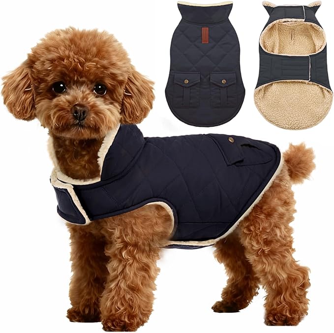 ASENKU Warm Dog Winter Coat, Waterproof Dog Coat for Cold Weather, Fleece Dogs Jacket with Ultra Thick Plush Lining Leash Hole Storage Pockets for Large Dogs (Navy Blue, X-Large)