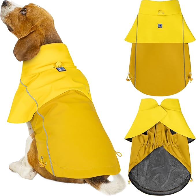LOWRIDER Dog Raincoat- Adjustable Waterproof, Windproof, and Lightweight All Weather Rain Jacket and Poncho with Reflective Stripes, Yellow (Large)
