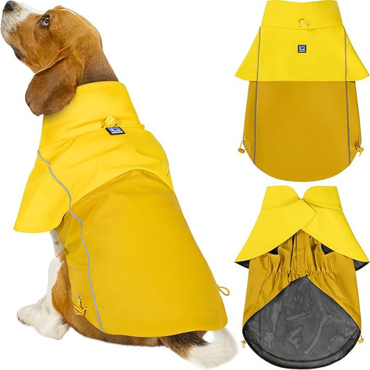 LOWRIDER Dog Raincoat- Adjustable Waterproof, Windproof, and Lightweight All Weather Rain Jacket and Poncho with Reflective Stripes, Yellow (Large)
