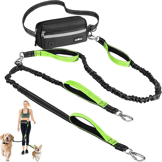VavoPaw Hands Free Dog Leash for 2 Dogs with Pouch, Waist Leash for Dog Walking, Retractable Leashes with Dual Padded Handles, Adjustable Reflective Belt for Small Medium Large Dogs, Black Green