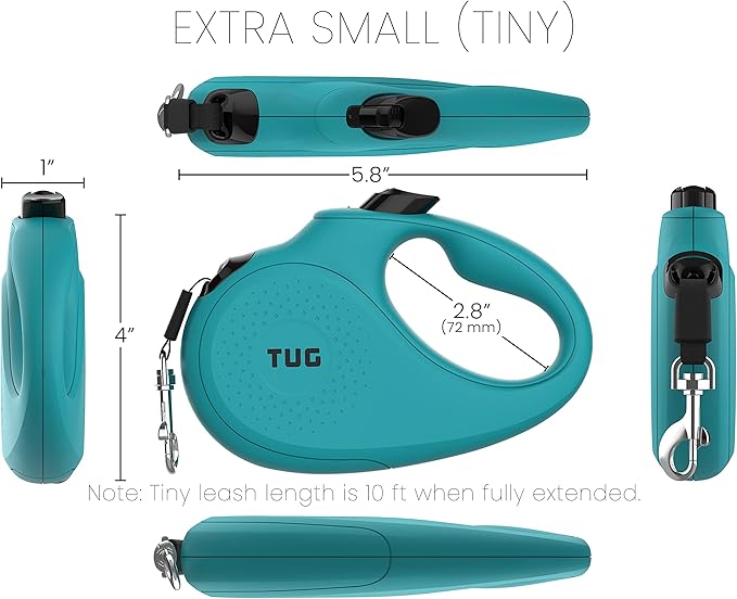TUG Monochrome Tiny 360° Tangle-Free Retractable Dog Leash | Cat Leash | 10 ft Strong Nylon Tape (Tiny, Aqua)