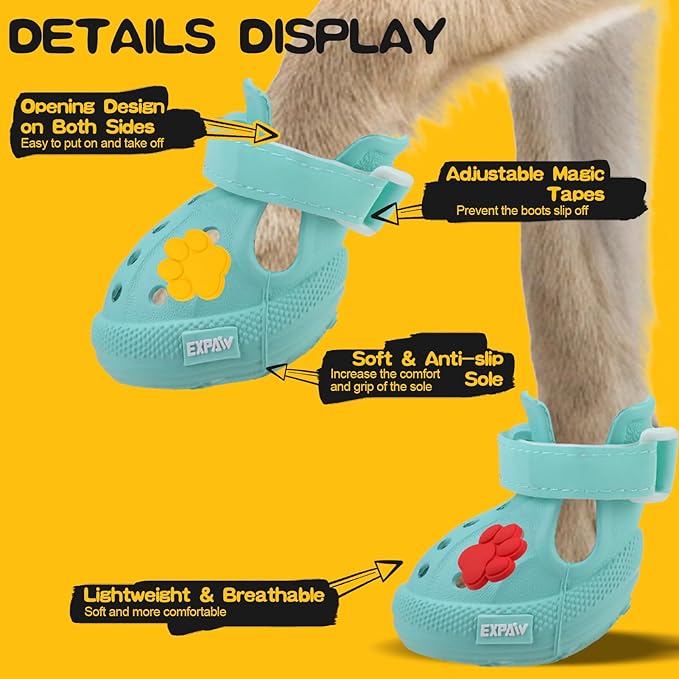 EVA Dog Shoes- Non-Slip Waterproof Dog Booties for Hot Pavement Easy ON & Off, Reflective Adjustable Pet Boots & Paw Protectors, Rugged Sole for Small Medium Large Dog Outdoor Walking (Aqua Green, S)