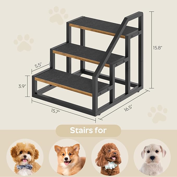YATINEY Dog Stairs for Small Dogs, 3-Steps Dog Steps for High Beds and Couch, 20.5”H Pet Steps with Non-Slip, Rustic Brown and Black LT11BR