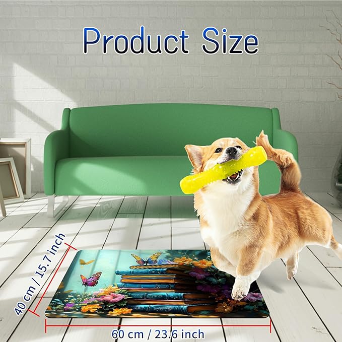 Dog Food Mat, 15.7" x 23.6" Absorbent Pet Feeding Mat for Food and Water, Waterproof Diatom Mud Pet Placemat with Non-Slip Rubber Backing, Cat Bowl Mat for Floors - Book Butterfly Flowers