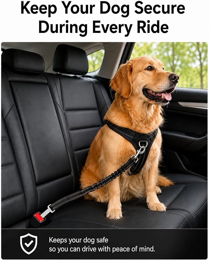 Dog Seat Belt 2Pcs, Retractable Pet Car Harness, Adjustable Dog SeatBelts for Vehicle, Nylon Pet Safety with Elastic Bungee (Black)