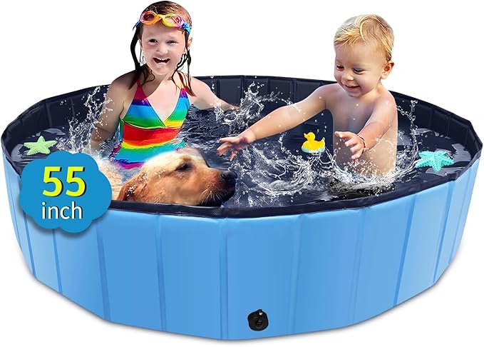 CACSPS Foldable Dog Pool, 55" x 12" Kiddie Pool with Hard Plastic, Non-Slip Dog Bath Tub for Outdoor Backyard, Collapsible Dog Swimming Pool for Kids Dogs Pets (Blue)