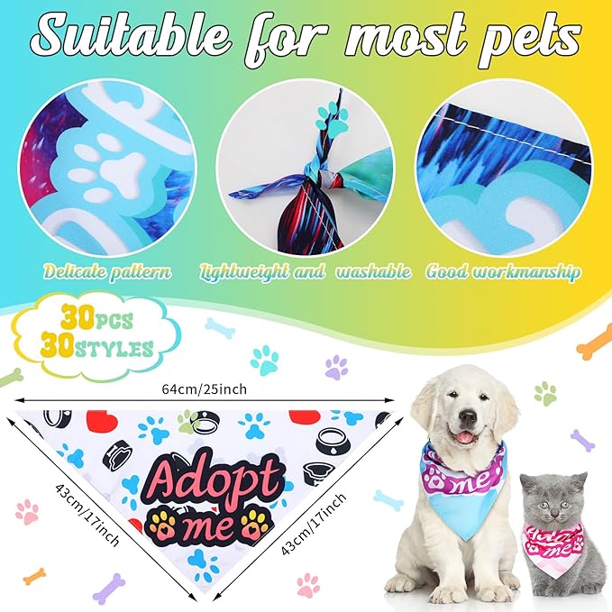 Huhumy 30 Pcs Adopt Me Dog Bandanas Bulk Pet Bibs Colorful Triangle Scarf Pet Adopt Me Bandanas for Medium Large Dogs Birthday Adoption Grooming Costume Decor