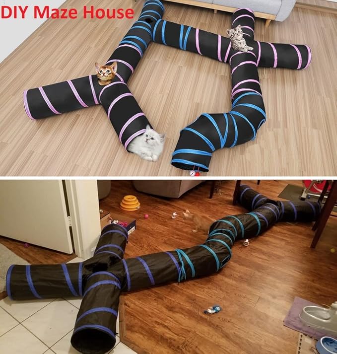 Cat Tunnels, Pet Ferret Rabbit Bunny Tunnels Tubes Subway Habitats, S-Style, DIY Cat Peekaboo Maze House Tent Bed, Kitten Interactive Toy (S Type: 5 Way Tubes)
