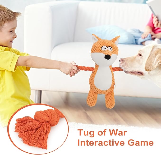 Dog Toys, Dog Squeaker Toys with Crinkle Paper, Stuffed Animal Dog Plush Chewing Toy, Cotton Rope Interactive Toys for Puppy, Small, Middle Dogs (Orange Fox)