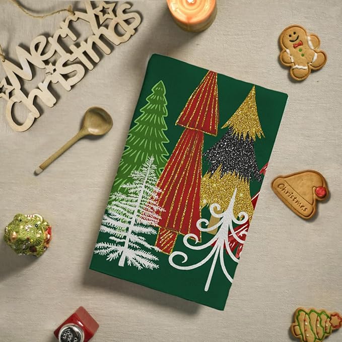 Green Red Christmas Tree Hand Towels Set of 2 Xmas Watercolor Pine Trees Absorbent Bathroom Towel Soft Decorative Towels for Bathroom, Hotel 29.1 X 13.8 Inch