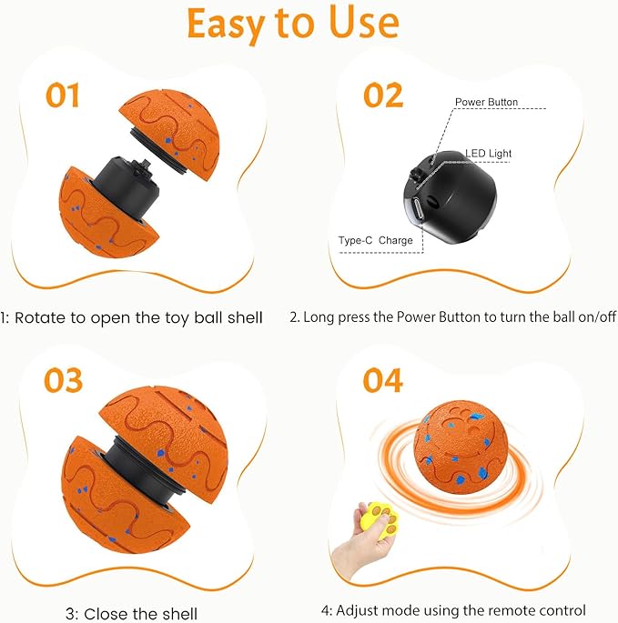 Moving Dog Toy, Interactive, Bouncing and Rotating, Silent Foam Material, IP54 Waterproof Rating, Smart Active Rolling, Stimulation Toys for Medium and to Keep Them Busy (Remote Orange)