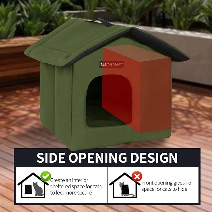 Rest-Eazzzy Cat House for Outdoor Cats, Weatherproof and Insulated Feral Cat House with Mat and Clip, Easy to Put Together, Selfwarming Cat Shelter for Summer(Olive Green, Canopy House X 1)