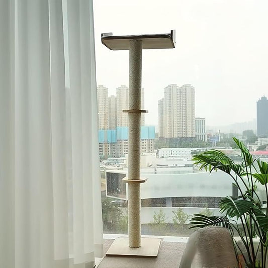52.7'' Cat Tree Window Sill Perch with Tall Vertical Scratching Post Height-Adjustable Indoor Hammock Bed for Large Cats Suction Cup Climbing Tree Tower for Sunbathing & Bird Watching (Wooden, M)