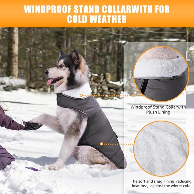 Dog Winter Jacket for Extra Large Dogs, Easy on 3XL Dog Snow Coat Velcro Waterproof Pet Puffer Clothes with Harness Hole Adjustable Reflective Quilted Pet Cold Weather Vest for Boy Male