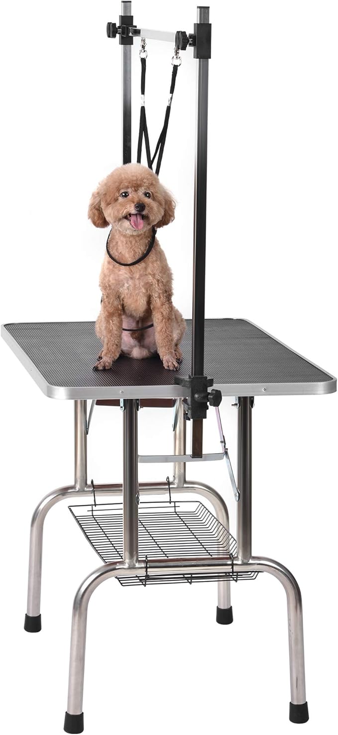 Pet Dog Grooming Table, Adjustable Large Heavy Duty Professional Foldable Trimming Stage with Arms, Noose, Mesh Tray, Maximum Capacity Up to 330LBS, 42''/Black