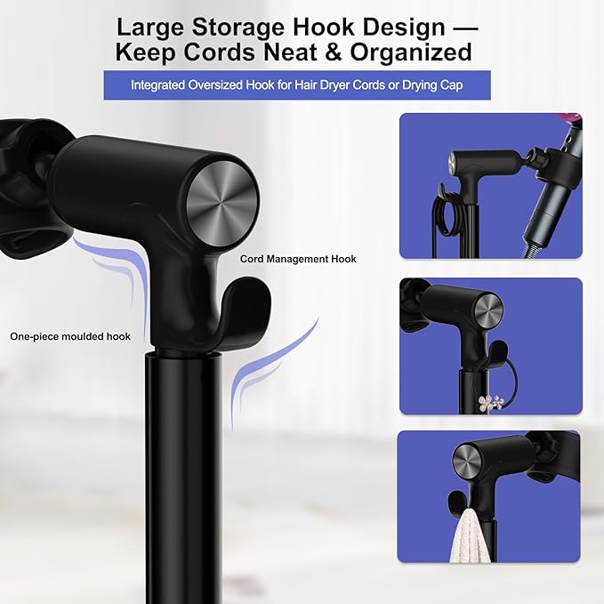 Hair Dryer Stand with 360 Rotating Head, Hands Free, Large Hook,Heavy Duty Base, Adjustable Height, TPU Padded Clip, Aluminum Alloy Holder for Home or Salon (Black)