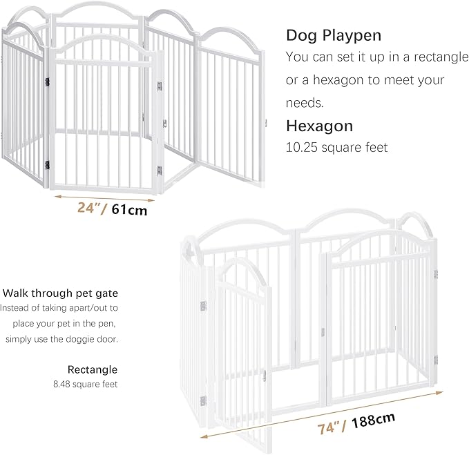 BHG Metal No-Assembly Freestanding Dog Gate with Door Walk Through, Extra Wide 144", Extra Tall 32" Pet Gate, Accordion Puppy Folding Playpen Dog Fence for Indoor & Outdoor, with 2PCS Support
