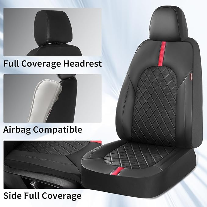 Coverado Car Seat Covers Full Set, Waterproof Front Seats Back Seat Cover, Leather Seat Cushion Universal Fit for Most Cars (Black-Red)