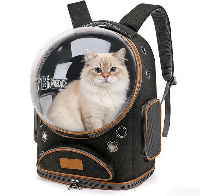 Cat Backpack Carrier, Breathable Cat Carrier Large Space Bubble Pet Backpack for Small Dog and Large cat up to 18lbs, Transparent & Foldable Pet Carrier for Travel Hiking (Black)
