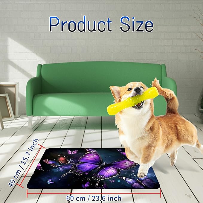 Dog Food Mat, 15.7" x 23.6" Absorbent Pet Feeding Mat for Food and Water, Waterproof Diatom Mud Pet Placemat with Non-Slip Rubber Backing, Cat Bowl Mat for Floors - Purple Butterfly 1