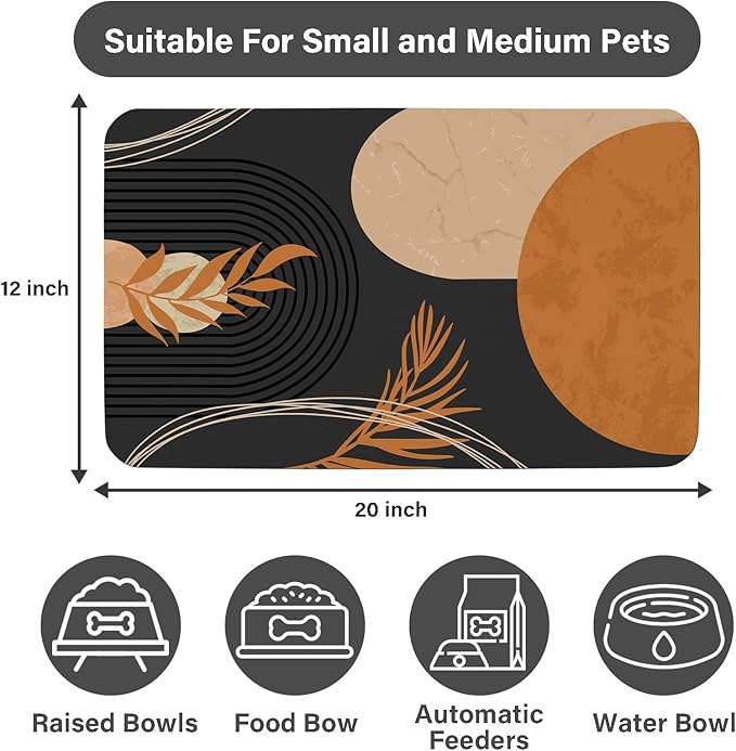 Cat Food Mat for Floors Waterproof Dog Mat for Food and Water Bowl Quick Dry Easy to Clean Nonslip Pet Mats, 12 * 20, Retro