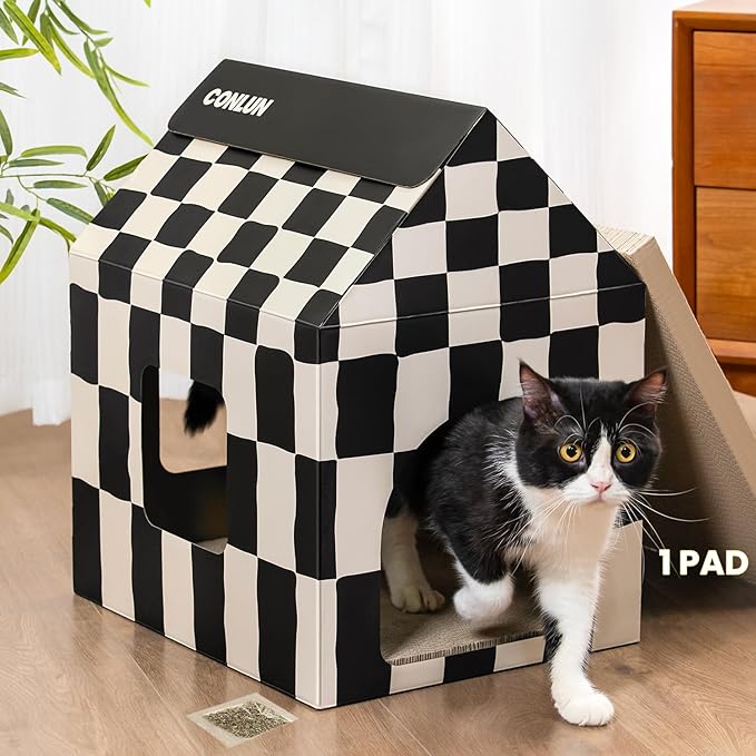 Conlun Cardboard Cat House with Scratch Pad & Catnip, Cat Play Scratching House for Indoor Hideaway Furniture, Heavy Duty Sturdy Cardboard Scratcher, Easy to Assemble Birthday Gift, Large
