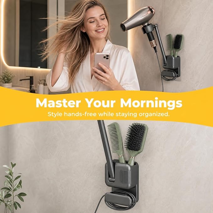 Hands Free Hair Dryer Holder Wall Mount, No Drill Installation, Damage-Free Wall, Adjustable Arm, With Cord Storage，Storage Slot，For Home & Hotel Bathroom, Bedroom Vanity, Fits Most Hair Dryers (Gray)