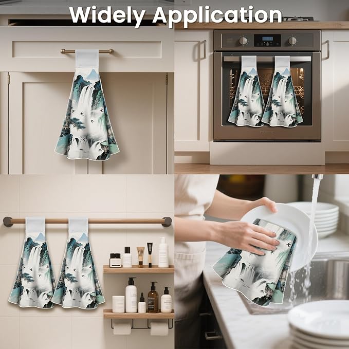 CUTHOLLOW Chinese Style Landscape Hanging Kitchen Towels with Loop, Set of 2 Soft & Super Absorbent Microfiber Decorative Hanging Dish & Hand Towel, Tea, Coffee Towel for Kitchen Bathroom Oven Handle