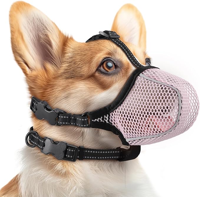 Dog Muzzle,Mesh Soft Muzzle for Small Medium Large Sized Dogs, Breathable Reflective Adjustable Puppy Muzzles with Collar for Scavenging Grooming Biting Chewing,Allows Panting and Drinking(Pink XL)