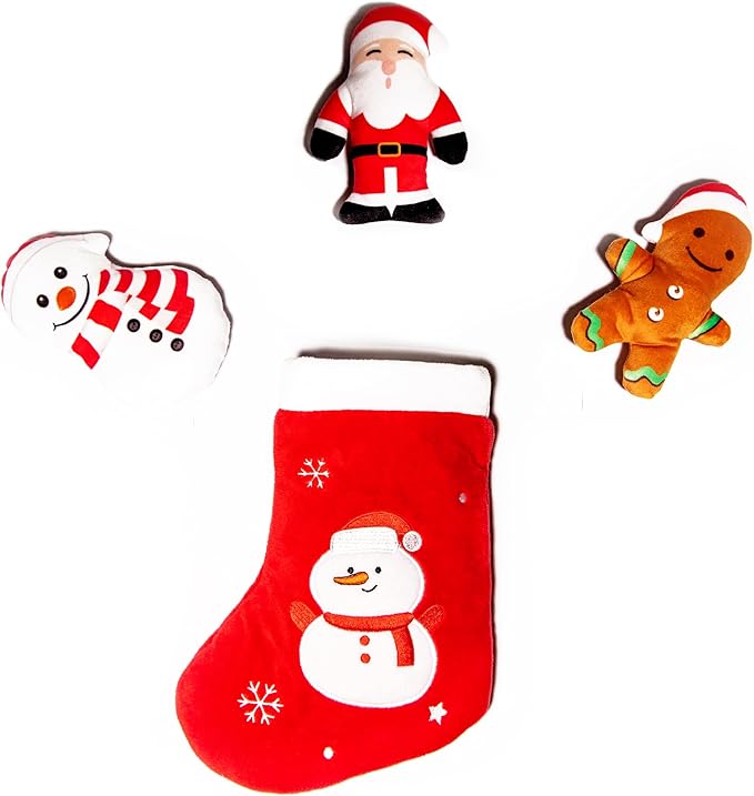 Glow Pups Christmas Stocking Hide and Seek Dog Toy, Interactive Plush Santa, Snowman, Gingerbread Man, Crinkle and Squeak, Holiday Burrow Toy for Small Medium Dogs, Red Plush Christmas Snowflake