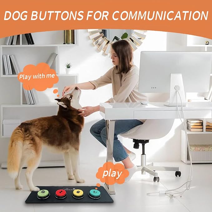 4-Piece Dog Talking Button Set, Dog Button for Communication, 30-Second Recordable Voice Pet Buzzer Training Button, Dog Button with Waterproof Non-Slip Pad and 50 Dog Training Stickers