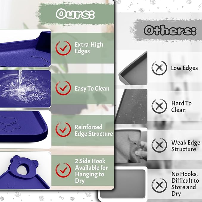 Dog Food Mat, Silicone Dog Mat for Food and Water -Pet Feeding Mats with Residue Collection Pocket, Waterproof Dog Cat Bowl Mats with Raised Edges and Hooks, Placemats for Cats and Dogs Water Bowl
