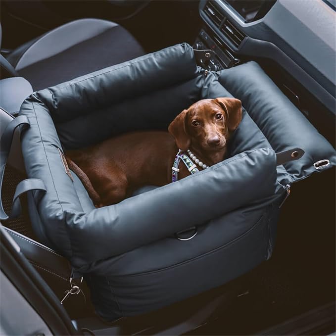 FUNNYFUZZY Luxury Dog Car Seat for Small Medium Dogs Under 35 lbs, Waterproof Leather Pet Booster Seat with Safety Leash & Anti-Slip Base, Fully Padded Dog Car Bed, Portable Puppy Carrier(Navy Blue)