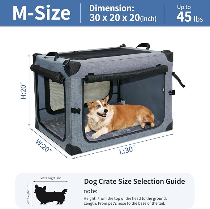 NEZUC Collapsible Dog Crates for Large Dogs Portable Soft Sided Travel Dog Carrier for Indoor & Outdoor, 4-Door Foldable Pet Kennel with Durable Mesh Windows (Gray, 30.0" L x 20" W x 20.0" H)
