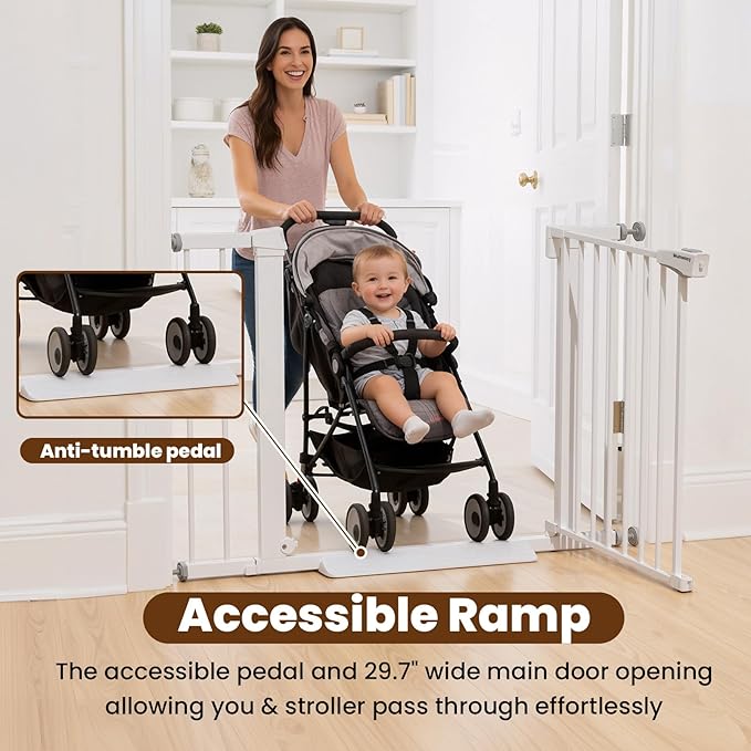 Baby Gate for Stairs, 29.7-40.6" Auto Close Dog Gate Indoor for Doorways, Dual-Lock Design, Adjustable Pet Gate No Drilling with Walk Thru Door for Hallways, Stroller Friendly, White
