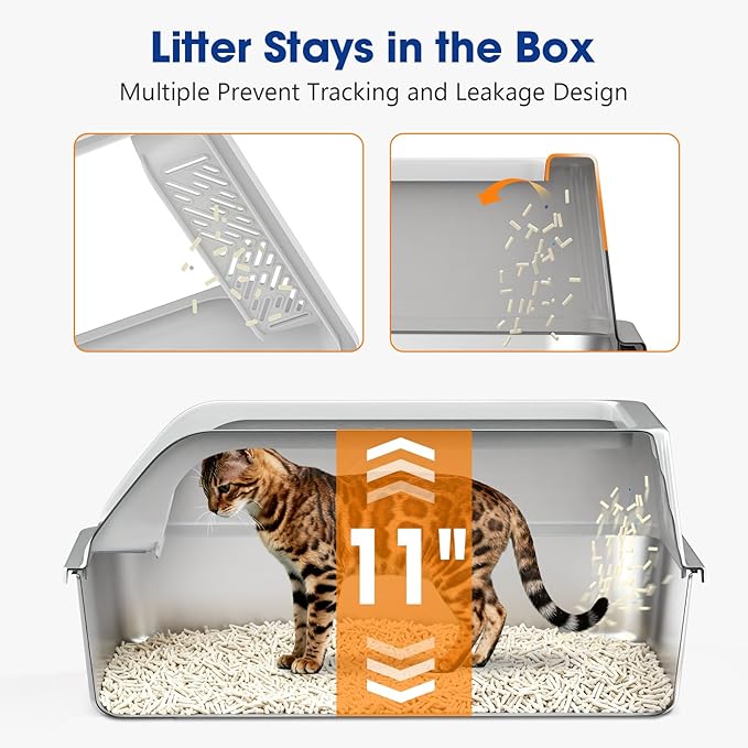 2 Pack XL Stainless Steel Litter Box, Metal Cat Litter Boxes with Lid, High Sided Enclosed Litter Boxes for Big Cat and Multiple Cats, Anti-Urine Leakage | Non-Stick Bottom & Includes Scoop