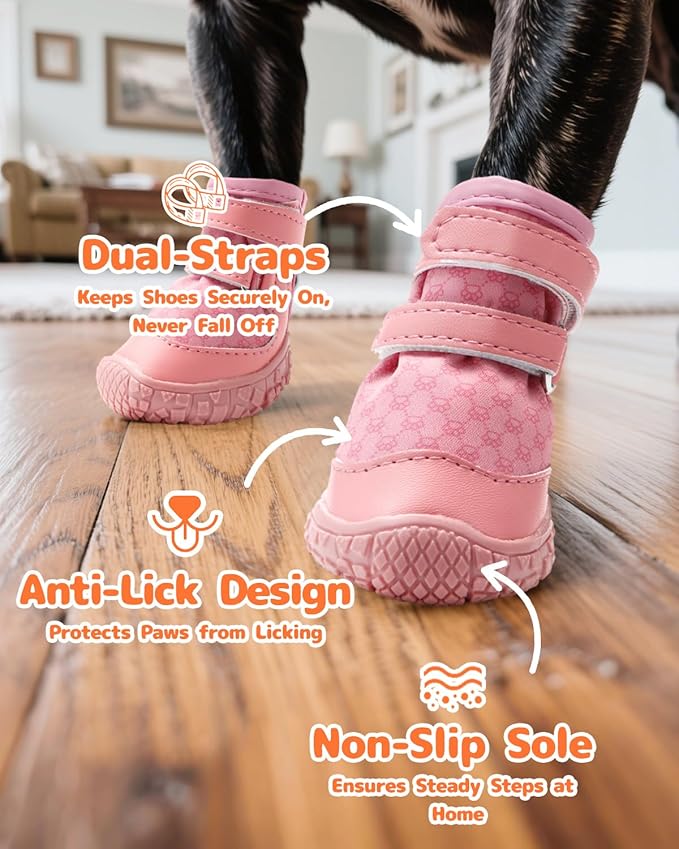Petanims Dog Shoes for Small Dogs, Double Binding Straps Puppy Boots & Paw Protectors for Summer Hot Pavement, Winter Snow, Dog Booties with Anti-Slip Rubber Soles for Beach Hardwood Floor Pink Size 3