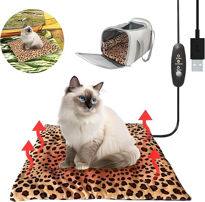 USB Heating Warmer Pad Bed for Cat, Small Dog and Pet, Safe 5V2A Power-Bank Battery Operated, 3-Temperature Settings, Washable, for Indoor and Outdoor Use. 15" x 19" x 0.6" (Leopard)