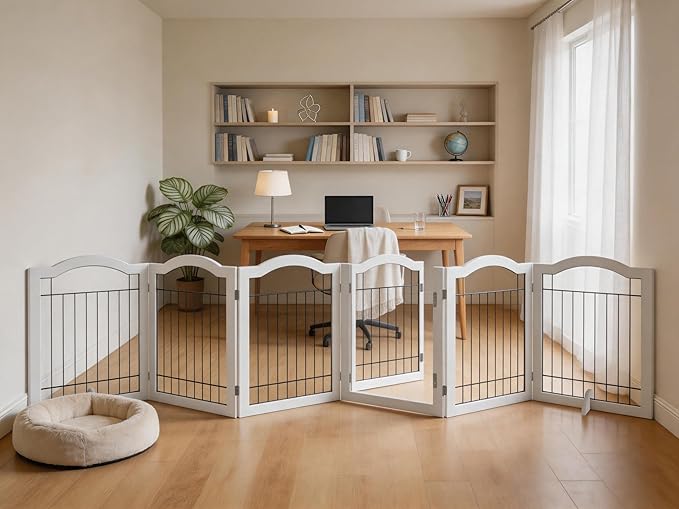 Vantas Folding No-Assembly Dog Door Pet Gate 144" Wide, 30" Tall Wooden Dog Gate with Door Walk Through, Freestanding Wire Pet Gate, Pet Puppy Safety Fence, with 2PCS Support – White
