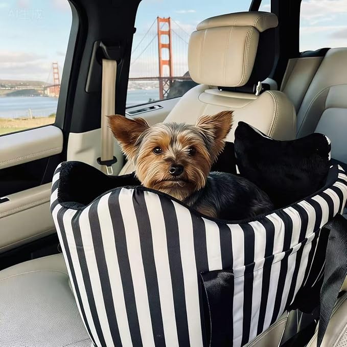 Dog Car Seat for Small Dogs Under 15 lbs – Center Console Pet Carrier with Safety Belt, Storage Pockets, Removable Washable Cover – B&W Stripes, Secure & Comfortable for Small Puppies/Cats