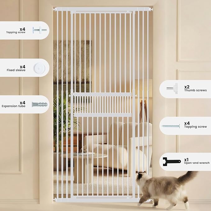 Gardner Pet Extra Tall Cat Gate 49"-86" Adjustable Height, Tall Pet Gate for Doorways/Hallways with 27.5"-37" Adjustable Width Baby Gate with 4 Extensions Kits, No Drilling Pressured Mounted (White)
