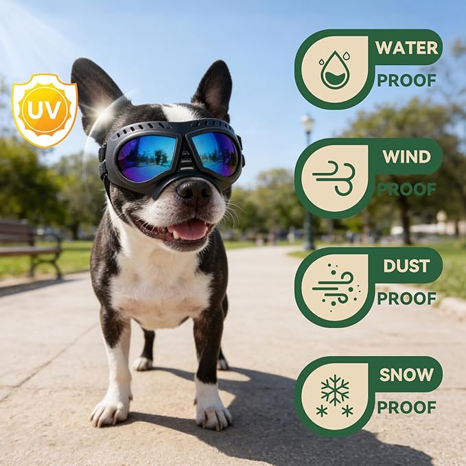 Dog Goggles for Small to Medium Breeds, Small Dog Sunglasses UV Protection Windproof Snowproof, Outdoor Driving/Riding/Hiking Pet Eyes Protection, Soft Frame Adjustable Straps, Blue Lens