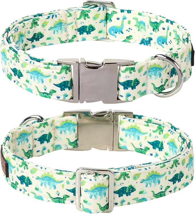 Lionet Paws Dinosaur Dog Collar with Bowtie, Cute Summer Beige Dog Collar for Girl for Large Dogs, Adjustable Cotton Pet Collars for Medium Large Dogs