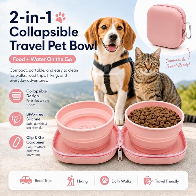 Portable Dog Bowl, Collapsible 2-in-1 Travel Dog Bowls with Carabiner Clip, Silicone Double Pet Food and Water Dish for Outdoor Camping and Hiking (Pink)
